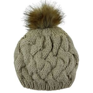 Beige Knit Beret Beanie Hat With Fur Pom Pom